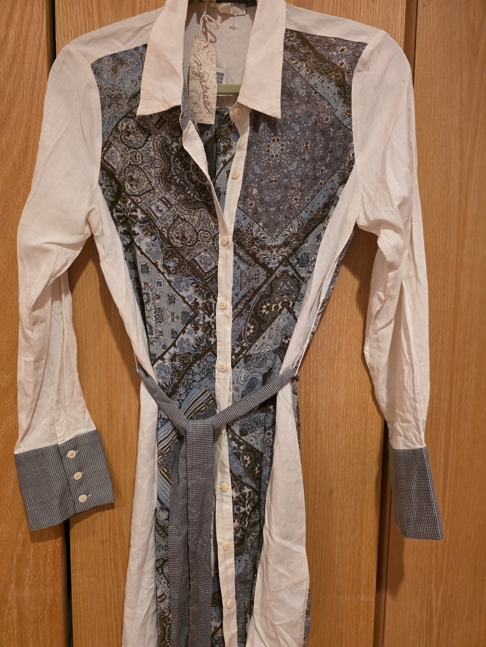 Mystree White Button-Down Shirt Dress with Blue Paisley Panel